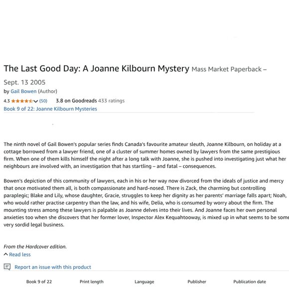 4/$30 Bundle; "The Last Good Day: A Joanne Kilbourn Mystery" by Gail Bowen - Picture 5 of 7